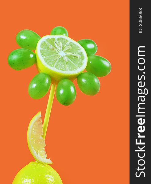 Creative food: fruits flower on orange background