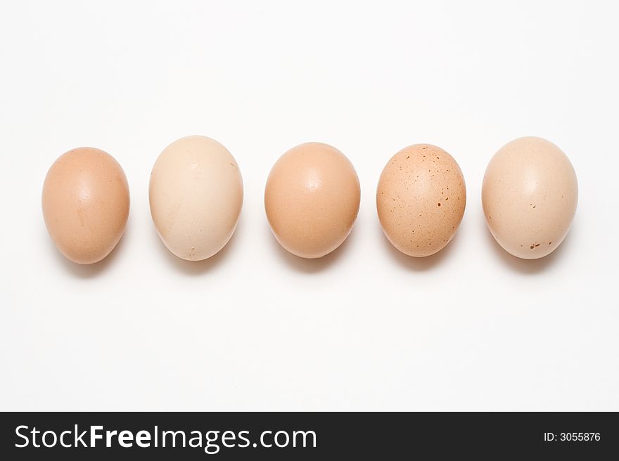 Five eggs in line isolated on white