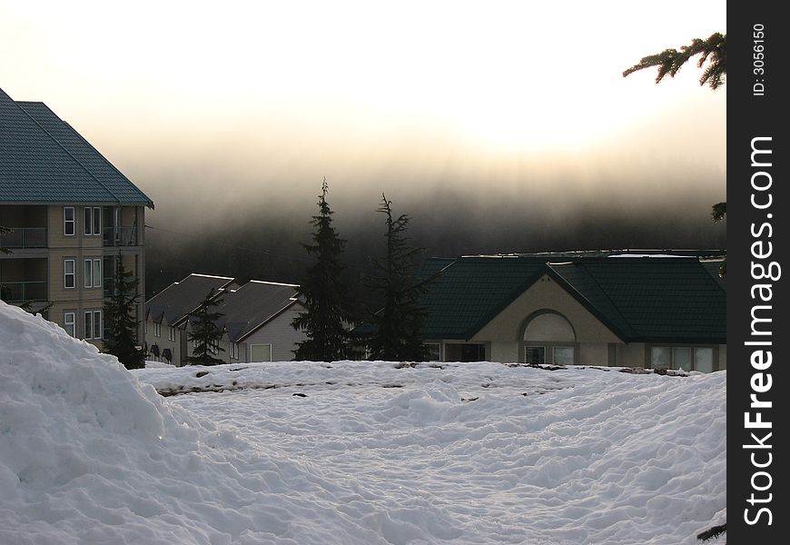 A foggy morning over a Canadian ski resort. A foggy morning over a Canadian ski resort