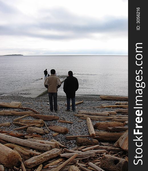Two men taking in the view from a beach, Canada. Two men taking in the view from a beach, Canada
