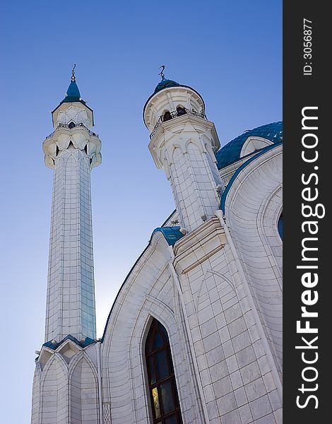 Qolsharif Mosque Kazan/Tatrstan symbol, perspective under the blue sky. Qolsharif Mosque Kazan/Tatrstan symbol, perspective under the blue sky