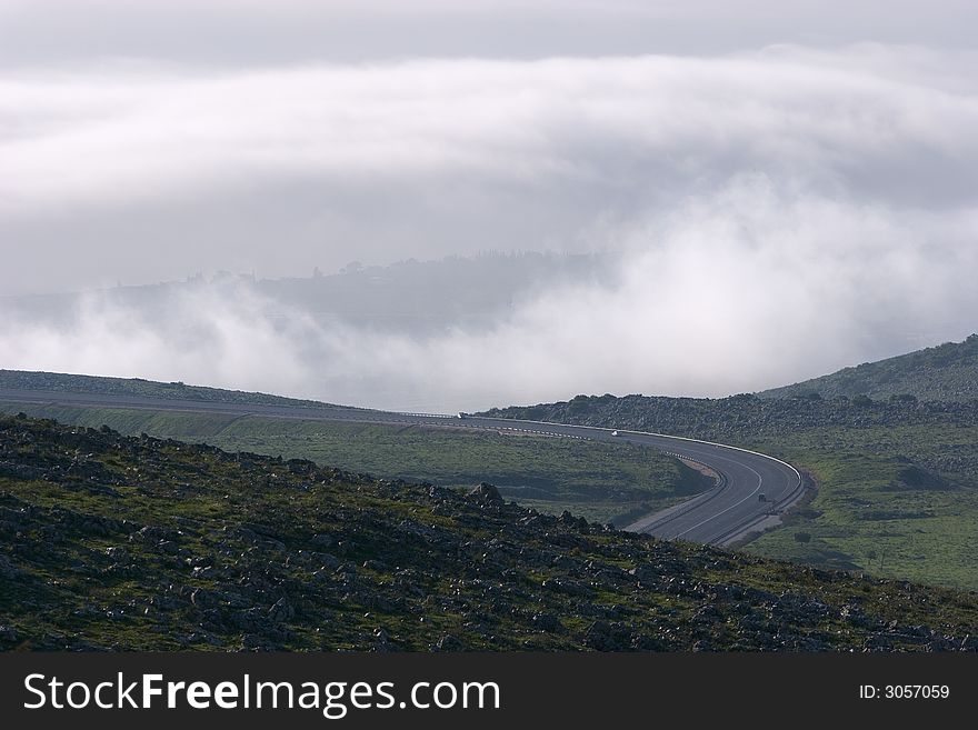 The north of Israel, Galilee mountain, foggy morning, departure from Zefat