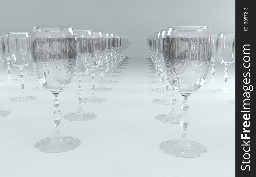 3d rendering illustration of crystal glasses in row. 3d rendering illustration of crystal glasses in row