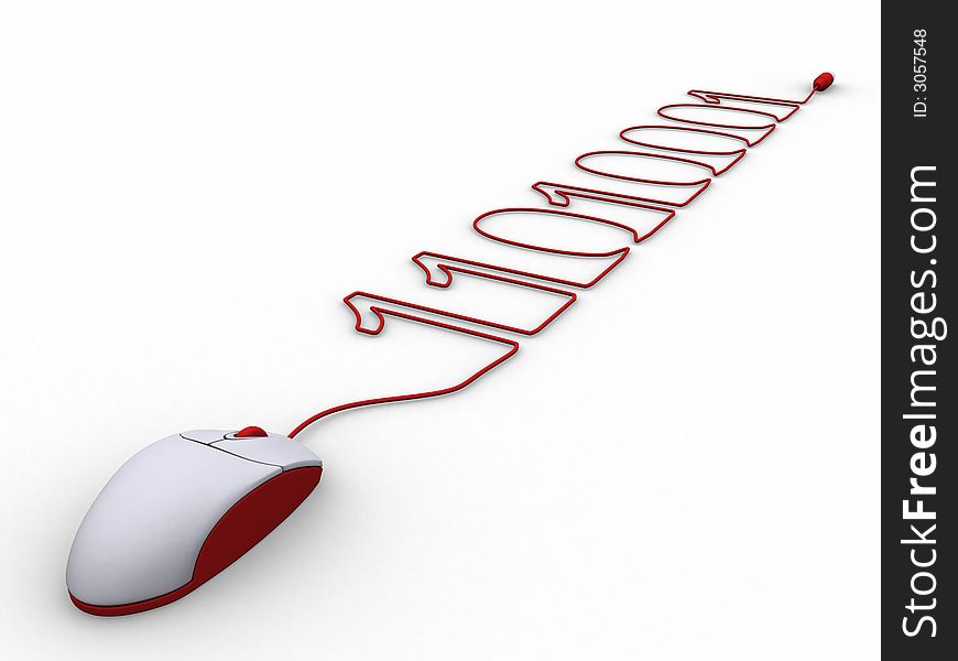 3d rendering illustration of a computer mouse cable creating binary code. A clipping path is included for easy editing.