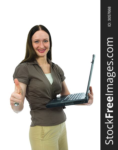 Business woman and laptop on white background