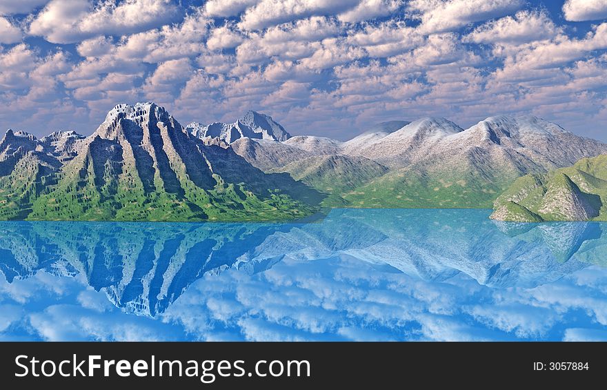 High mountain tops reflected in water - 3d illustration. High mountain tops reflected in water - 3d illustration