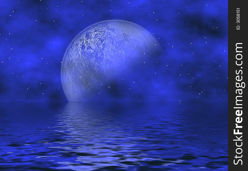 Beautiful Royal Blue Fantasy Background With Moon & Stars Overlooking The Water. Beautiful Royal Blue Fantasy Background With Moon & Stars Overlooking The Water