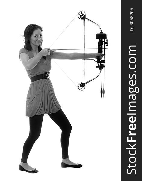 Pretty girl in red top pulling back compound bow. Pretty girl in red top pulling back compound bow