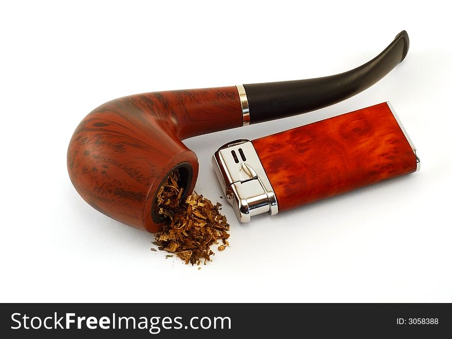 The tobacco-pipe and lighter are photographed close up on a white background. The tobacco-pipe and lighter are photographed close up on a white background