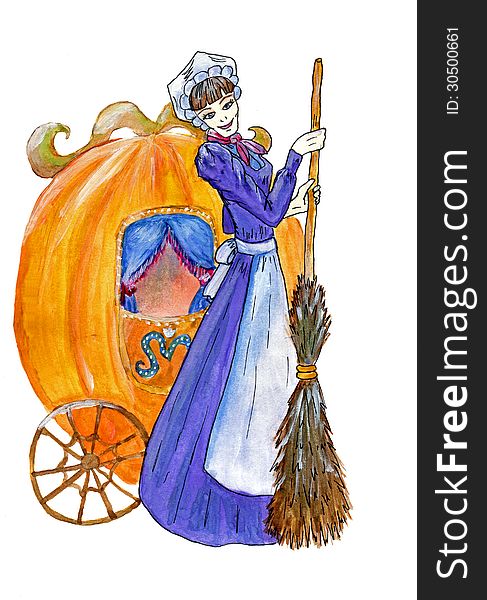 Watercolor of Cinderella with pumpkin carrage. Watercolor of Cinderella with pumpkin carrage