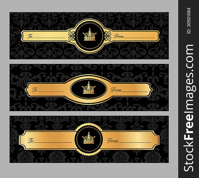 Golden gift tags on damask black background