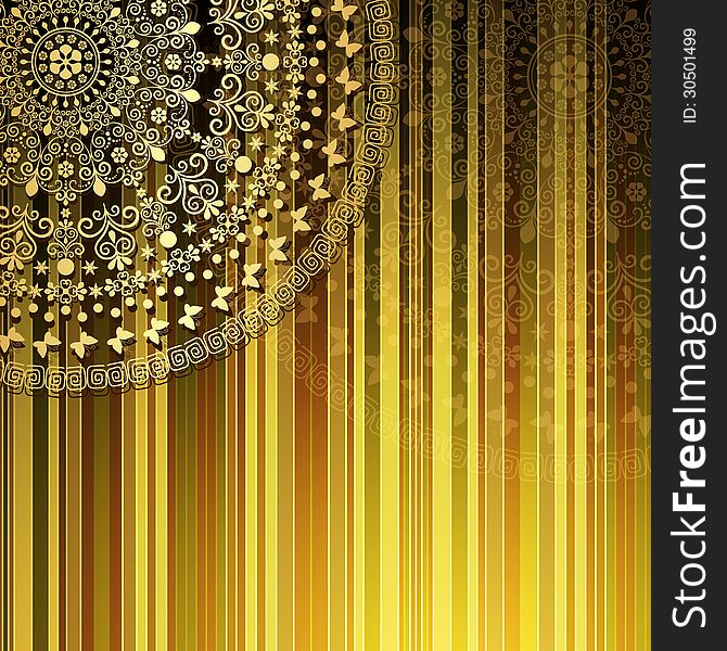 Brown-yellow striped pattern with a fragment of gold mandala (vector EPS 10). Brown-yellow striped pattern with a fragment of gold mandala (vector EPS 10)