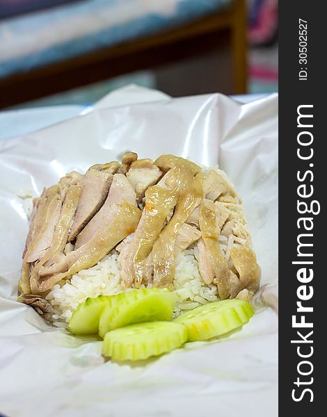 Hainanese chicken rice, steamed chicken and white rice