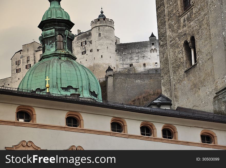 City of Salzburg, Austria. Baroque architecture, church cupola and castle. City of Salzburg, Austria. Baroque architecture, church cupola and castle.