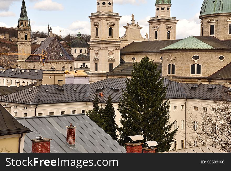 Salzburg city centre architecture, baroque churches. Austria. Salzburg city centre architecture, baroque churches. Austria.