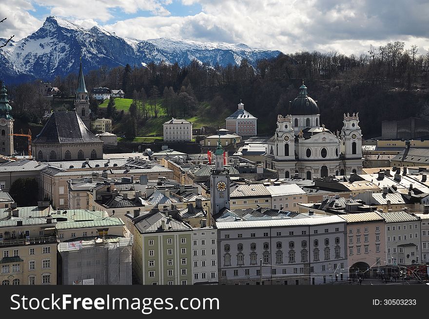 Salzburg cityscape and the Alps, Austria.