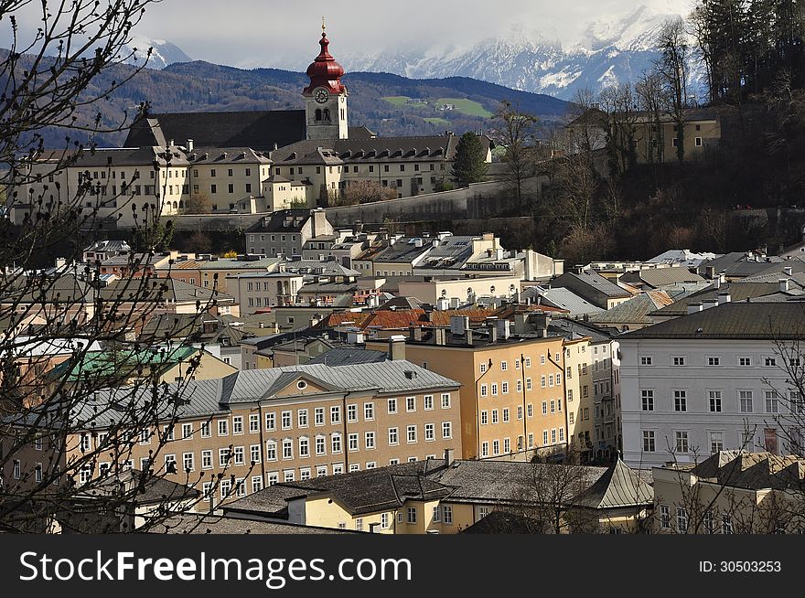 Salzburg cityscape and the Alps, Austria.