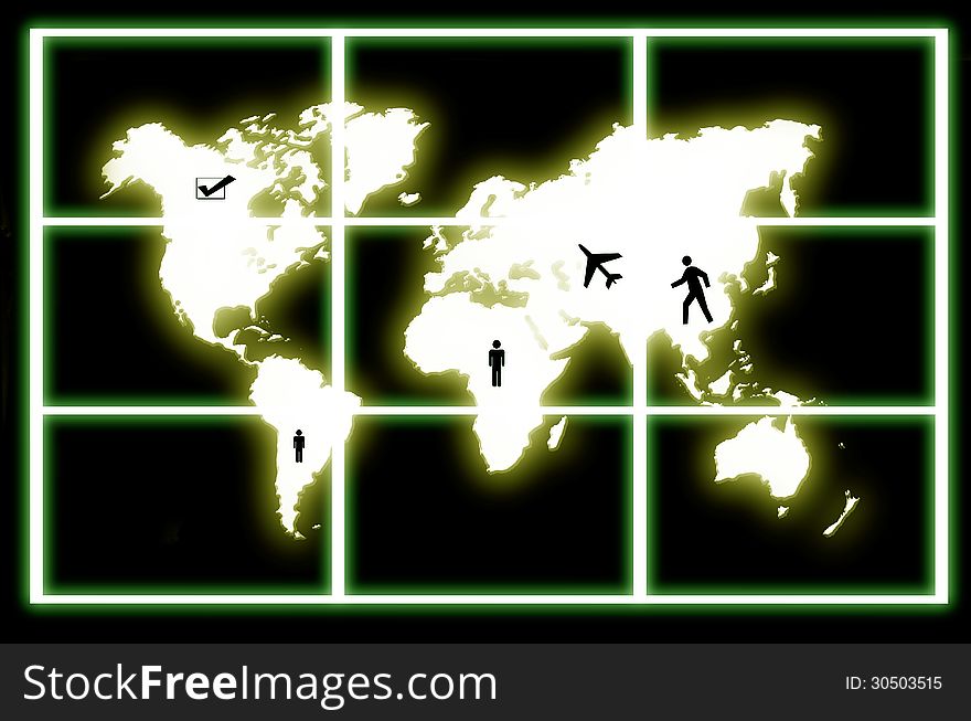 World map abstract on black background and glowing lights. World map abstract on black background and glowing lights