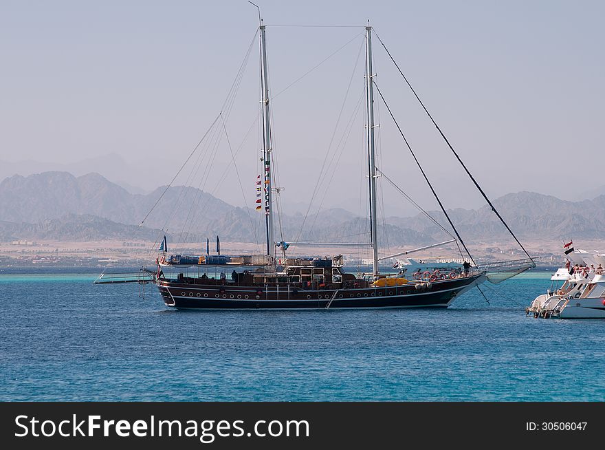 Vessel in the Egypt Red Sea an the mountains background