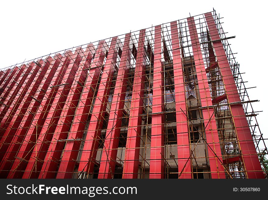 The red building is under construction. The red building is under construction.