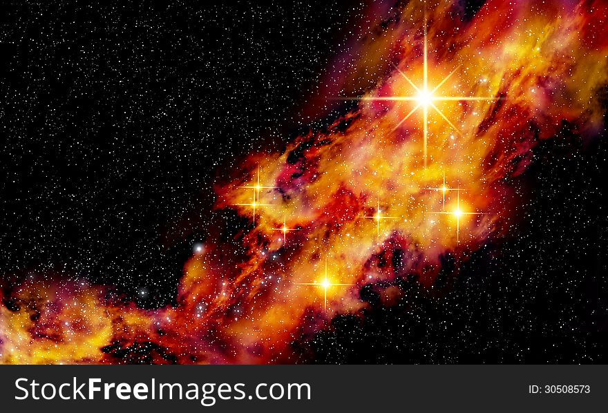 Illustration of open space with a flaming colored nebula