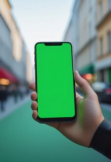 Ai Generated Image Of A Persons Hand Holding A Black Smartphone With A Blank Green Screen In The City Background Royalty Free Stock Photo