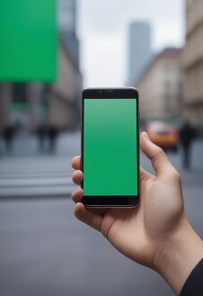 Ai Generated Image Of A Persons Hand Holding A Black Smartphone With A Blank Green Screen In The City Background Royalty Free Stock Images