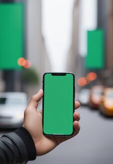 Ai Generated Image Of A Persons Hand Holding A Black Smartphone With A Blank Green Screen In The City Background Stock Photography