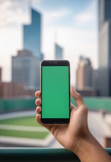 Ai Generated Image Of A Persons Hand Holding A Black Smartphone With A Blank Green Screen In The City Background Royalty Free Stock Photos