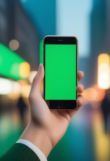 Ai Generated Image Of A Persons Hand Holding A Black Smartphone With A Blank Green Screen In The City Background Stock Photography