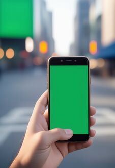 Ai Generated Image Of A Persons Hand Holding A Black Smartphone With A Blank Green Screen In The City Background Stock Photo
