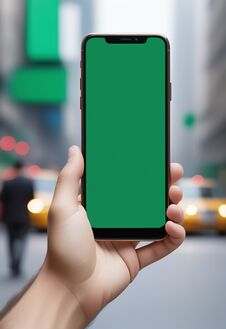 Ai Generated Image Of A Persons Hand Holding A Black Smartphone With A Blank Green Screen In The City Background Stock Photos