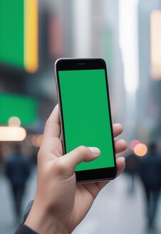 Ai Generated Image Of A Persons Hand Holding A Black Smartphone With A Blank Green Screen In The City Background Royalty Free Stock Image