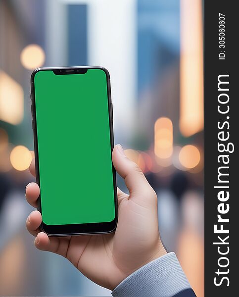 Ai generated image of a persons hand holding a black smartphone with a blank green screen in the city background