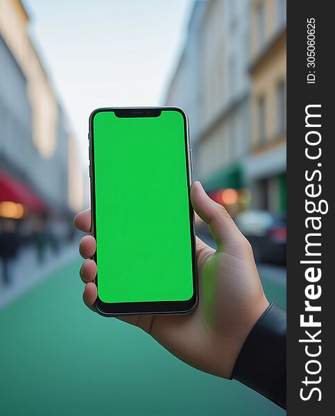 Ai generated image of a persons hand holding a black smartphone with a blank green screen in the city background