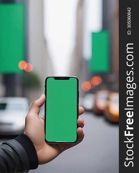 Ai Generated Image Of A Persons Hand Holding A Black Smartphone With A Blank Green Screen In The City Background