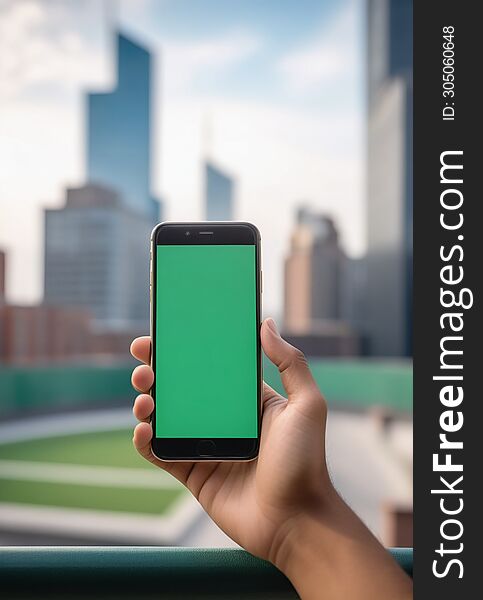 Ai generated image of a persons hand holding a black smartphone with a blank green screen in the city background