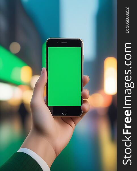 Ai generated image of a persons hand holding a black smartphone with a blank green screen in the city background