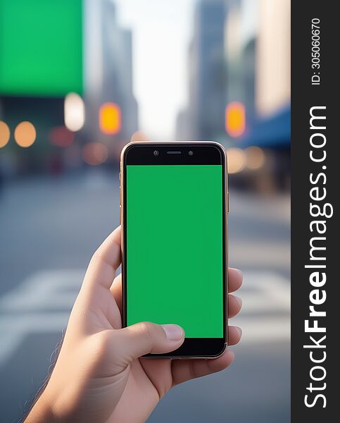 Ai generated image of a persons hand holding a black smartphone with a blank green screen in the city background