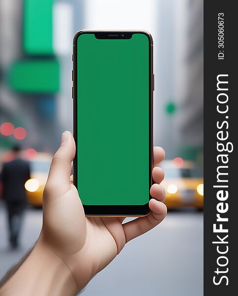 Ai generated image of a persons hand holding a black smartphone with a blank green screen in the city background