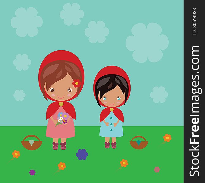 Illustration of red riding hood sisters with flowers.