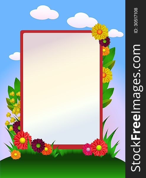 Decorative flowers border with grass and sky