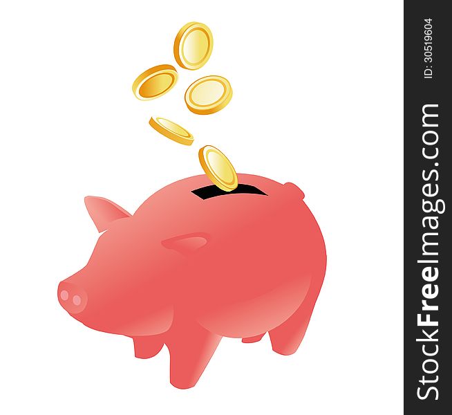 Piggy bank with coins over a white background