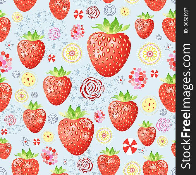 Seamless bright pattern of ripe strawberries on a bright blue background. Seamless bright pattern of ripe strawberries on a bright blue background