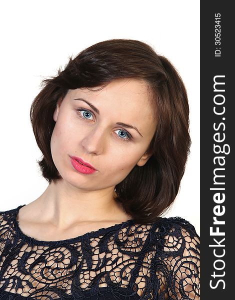 Close up portrait of young beautiful caucasian woman on white background. Close up portrait of young beautiful caucasian woman on white background