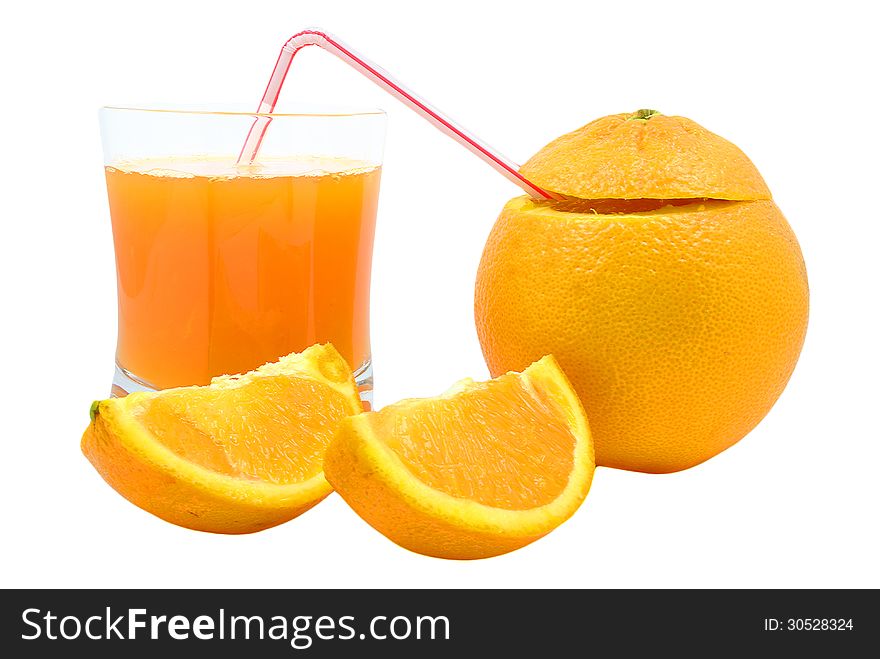 Orange juice and orange on a white background