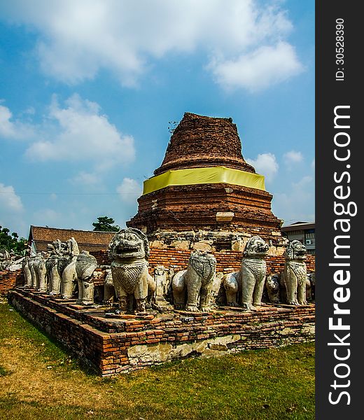 Ancient lion statue Pagoda at Wat Chaiwattanaram Temple, Ayutthaya, Thailand. Ancient lion statue Pagoda at Wat Chaiwattanaram Temple, Ayutthaya, Thailand
