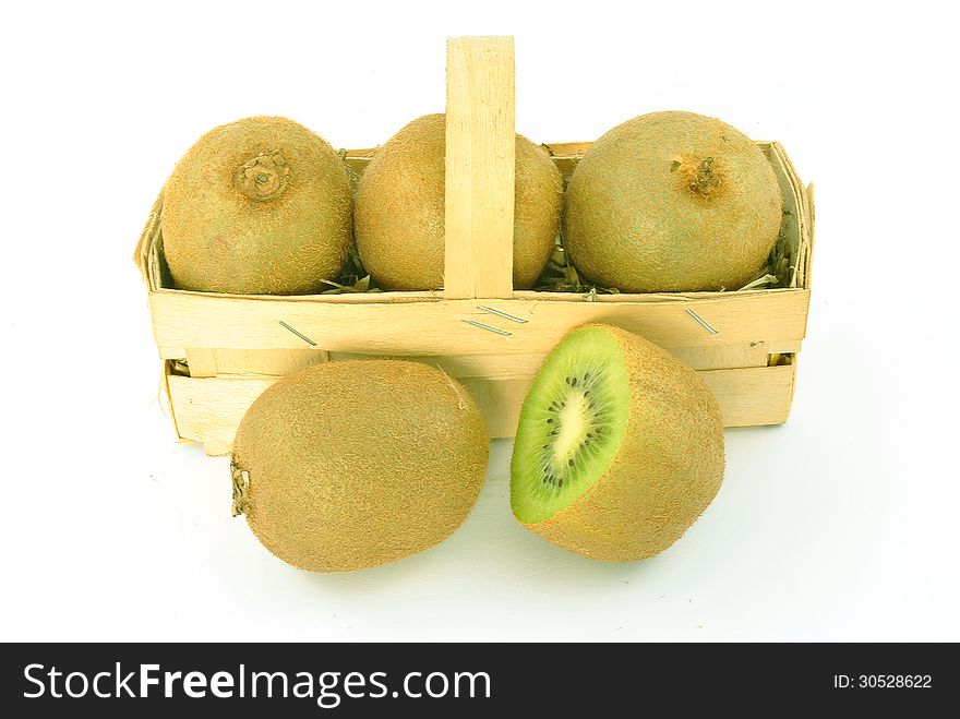 Kiwi in basket and on a white background