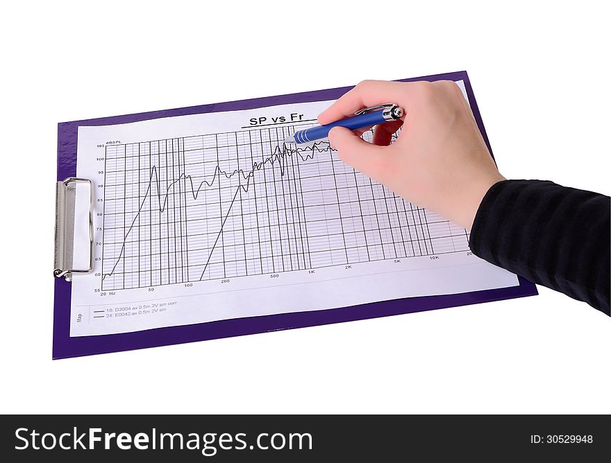 Hand with ballpoint pen, charts and clipboard