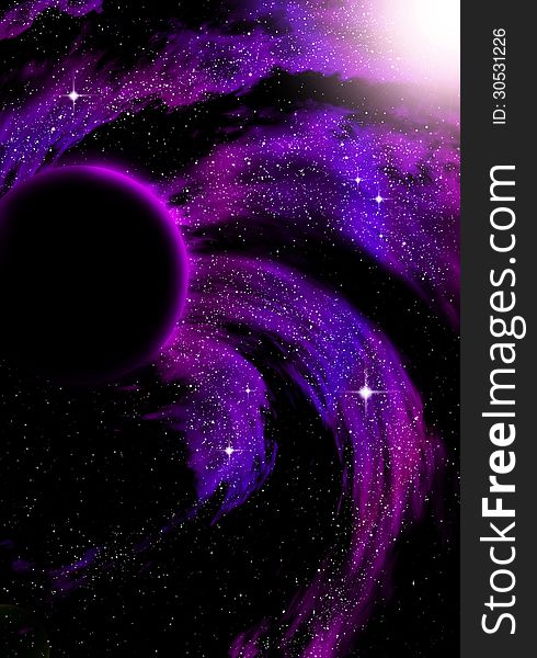 Illustration of an open space scenario with purple nebula and dark planet. Illustration of an open space scenario with purple nebula and dark planet